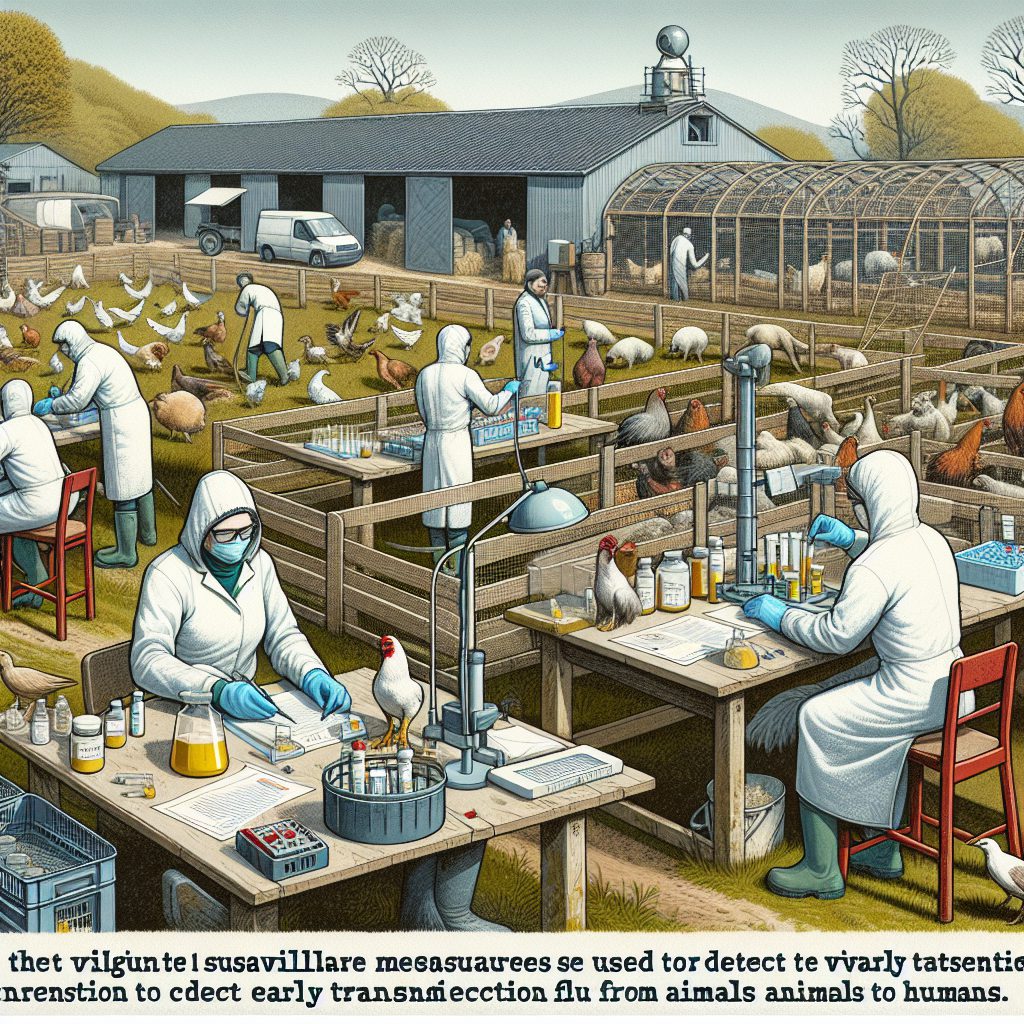 A photography of the vigilant surveillance measures in place to detect early transmission of avian flu from animals to humans.