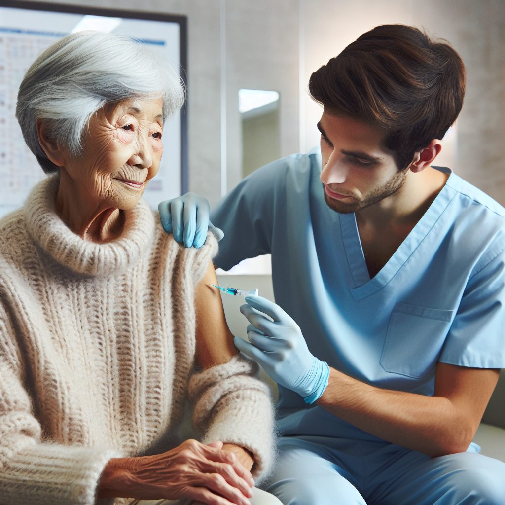 A photography of a senior receiving a flu vaccine to protect against severe forms of the flu and save lives in France.