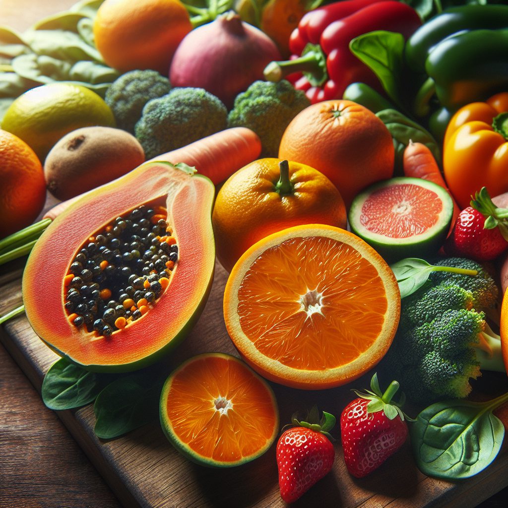 A photography of skin and hair-boosting fruits and vegetables.