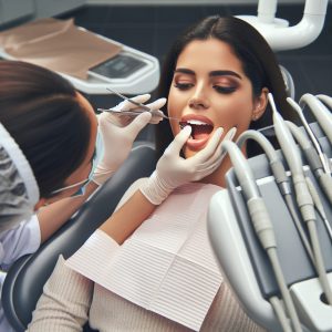 A photography of a pregnant woman receiving a bucco-dental examination during maternity, highlighting the importance of oral health care for expectant mothers.