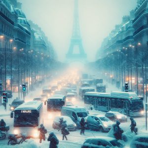 A photography of the snowy chaos and transportation disruptions caused by the winter storm in France.