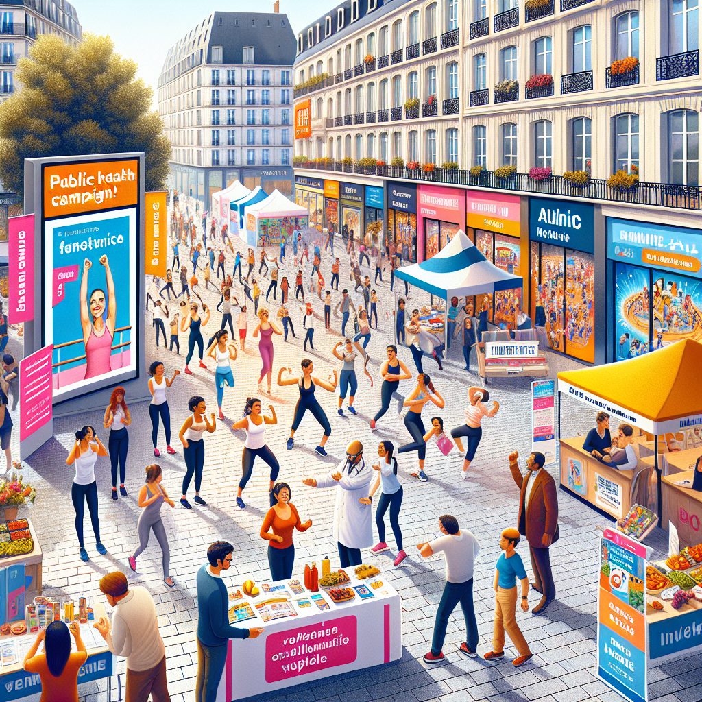 A photography of a dynamic and interactive public health campaign promoting physical activity and well-being in France.