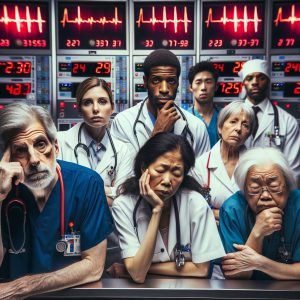 A photography of the exhausting impact of hospital alarms on healthcare professionals.