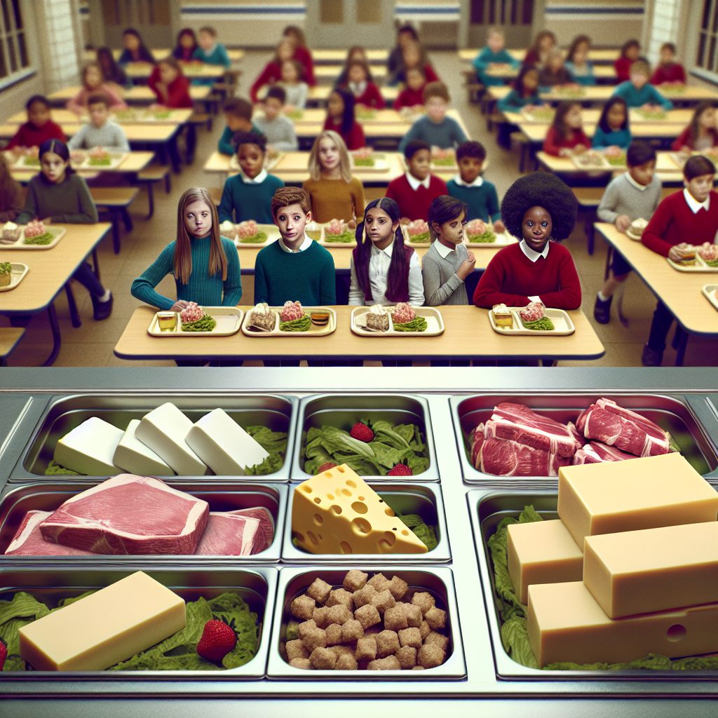 A photography of school meals served in canteens, highlighting the controversial issue of serving raw meat and unpasteurized cheeses to young children.