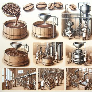 A photograph of coffee beans being decaffeinated using various methods to preserve taste and health benefits.