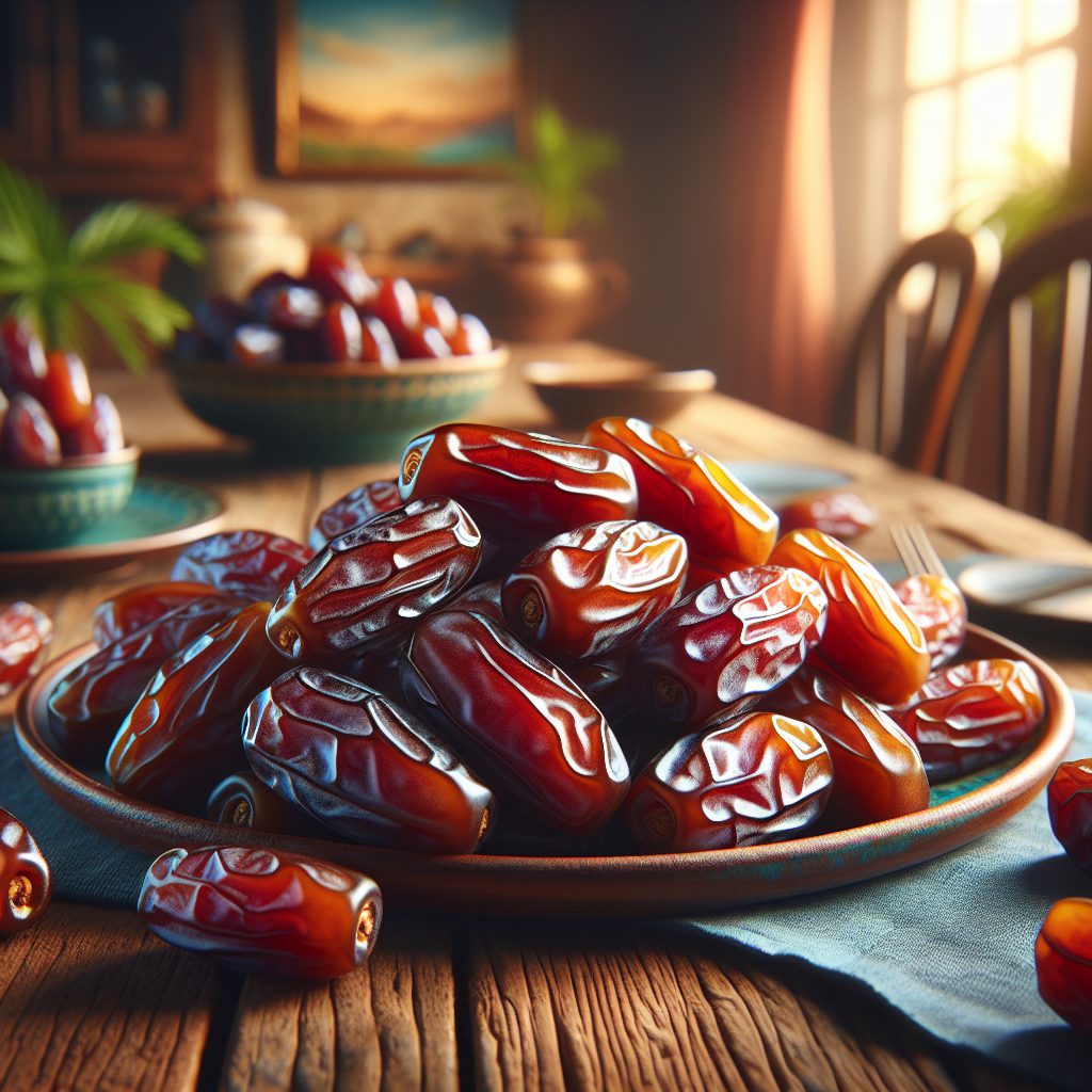 "A vibrant photo of a plate brimming with succulent dates, showcasing their energy-boosting benefits and natural sweetness."