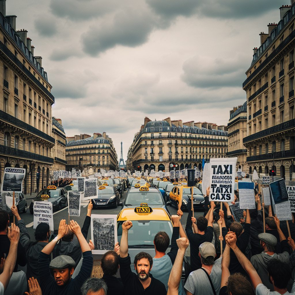 A photography of French taxi drivers protesting against the new CNAM convention.