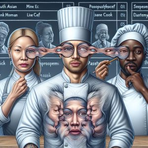 "A photography of a chef experiencing a rare visual disorder that distorts the faces of those around him, shedding light on the mysterious condition known as prosopometamorphopsia."