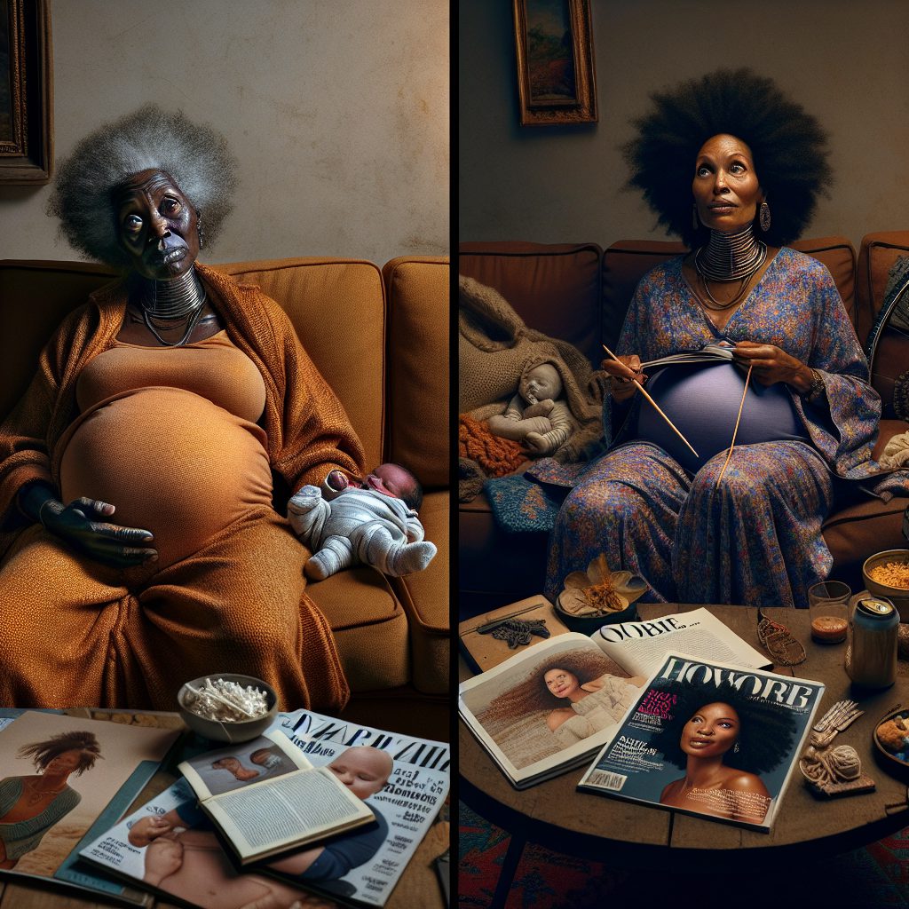 A photography of the realities and challenges of late motherhood in contrast to the glamorous image portrayed by celebrity pregnancies.