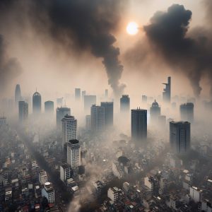 A photography of the alarming air pollution crisis in Hanoi, currently ranked as the most polluted city in the world.