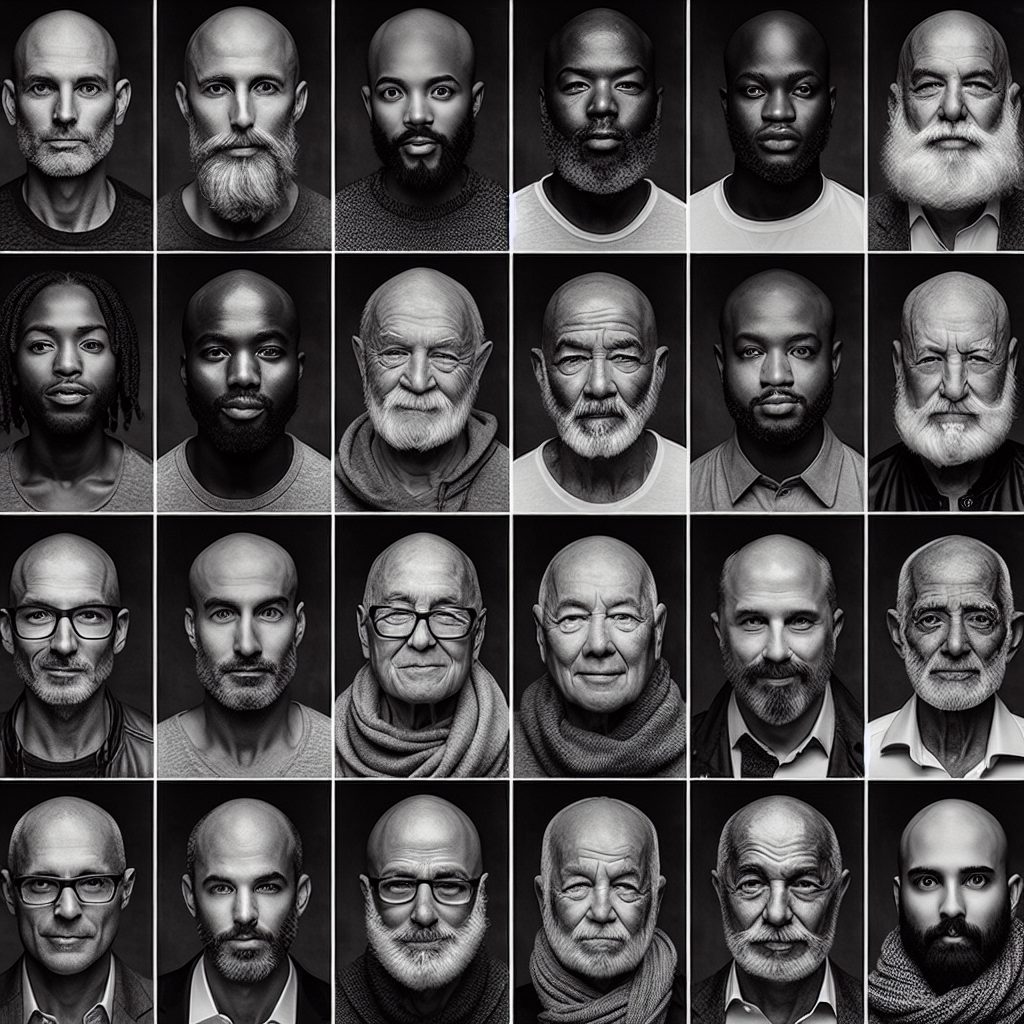 A photography of the enduring impact of male pattern baldness on societal perceptions of aging and beauty.