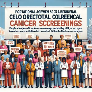 A photography of the national campaign urging 50-74 year olds to participate in biennial screening for colorectal cancer to prevent thousands of cases and deaths each year.