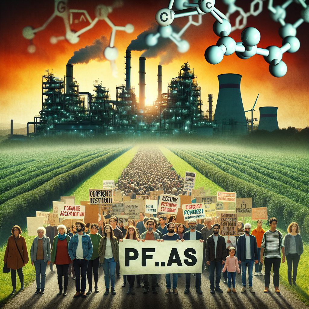 A photography of environmental activism and corporate accountability in the face of pollution allegations involving PFAS chemicals at industrial sites in France.