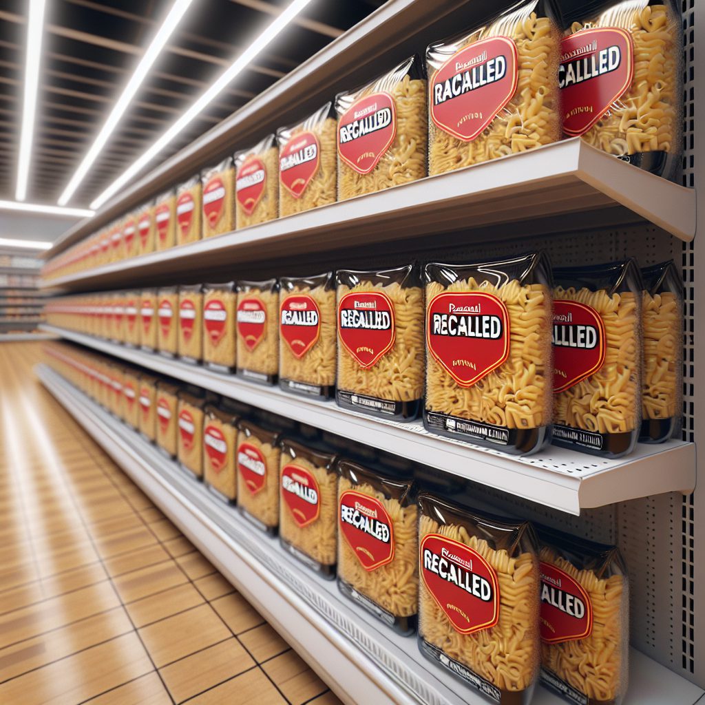 A photography of recalled Panzani macaroni pasta packages due to potential foreign objects.