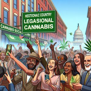 A photography of the historic moment when Germany legalized recreational cannabis, capturing the joyous celebrations in the streets of Berlin and the inception of Cannabis Social Clubs.