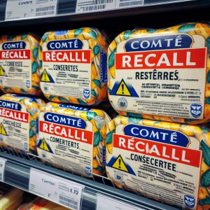 A photography of various recalled Comté cheese products due to Listeria contamination in French supermarkets.