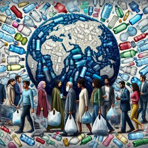 "A photograph capturing the complex interplay between sustainability challenges and consumer habits in the bottled water industry."