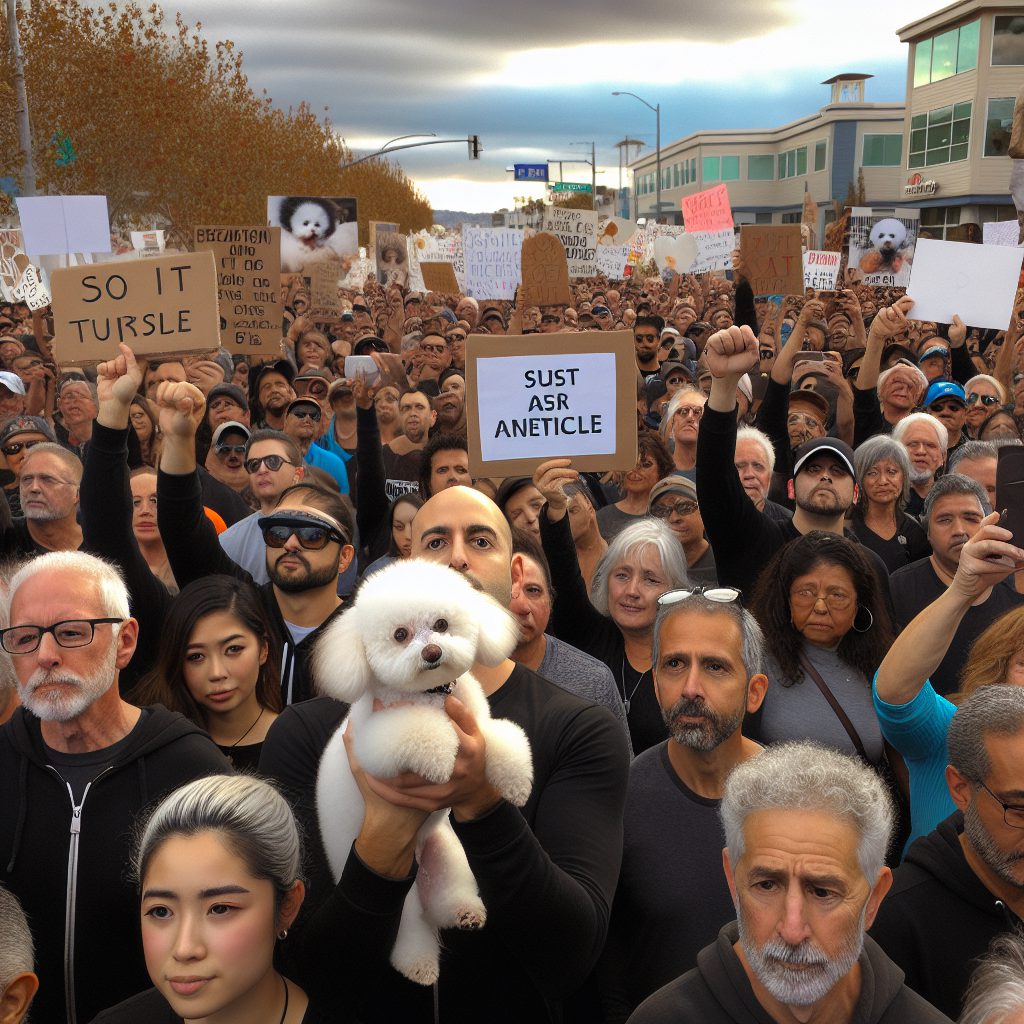 A photography of a peaceful march in honor of Toki, the bichon tragically euthanized under suspicion of rabies, highlighting the need for a balance between preventive measures and respect for animal rights.