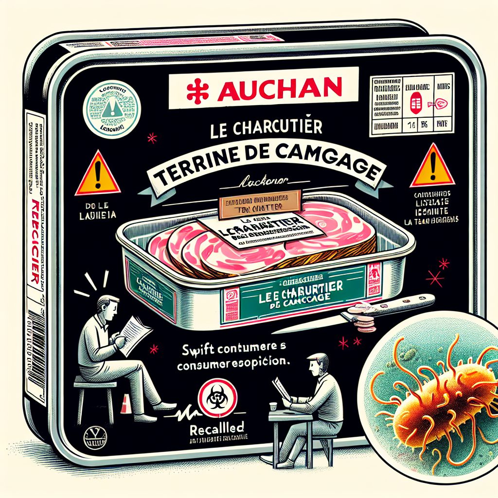 "A photograph of the recalled Auchan Le Charcutier Terrine de Campagne, highlighting the potential Listeria contamination issue and the importance of swift consumer action."