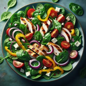 A photography of a vibrant spinach salad, bursting with health benefits and colors to enlighten your culinary journey!