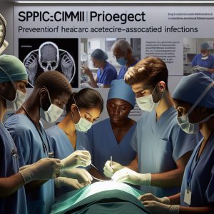 "A photograph of a surgical team in action at a hospital implementing the SPICMI project to prevent healthcare-associated infections."