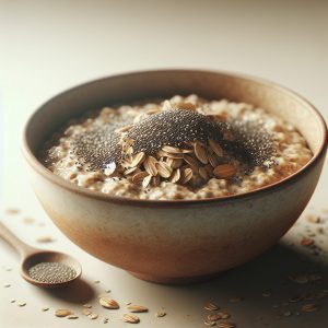 A photograph of nutrient-rich chia seeds sprinkled on a delicious bowl of overnight oats for a healthy and energizing breakfast.