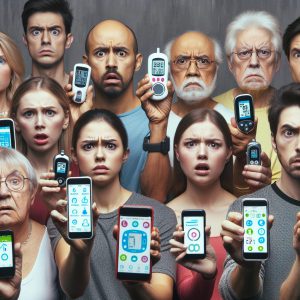 a photography of concerned diabetic patients holding their smartphones with the t:connect app and t:slim X2 insulin pumps, highlighting a sense of urgency and frustration.