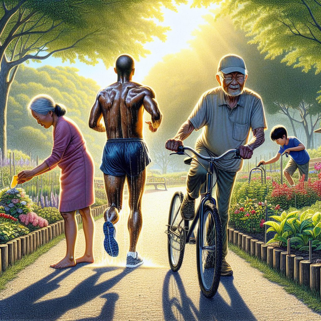 A photograph of people of various ages engaging in different physical activities such as jogging, cycling, and gardening, set in a vibrant park on a sunny day, highlighting the importance of regular exercise for health and well-being.