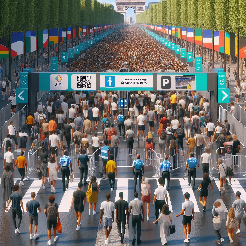 "A photography of a bustling Paris street during the summer Olympics, with people navigating through security checkpoints, and a prominent sign showing the 'Pass Jeux' QR code requirement."