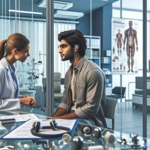 A photography of a healthcare office where a patient discusses with an audiologist, highlighting a transparent and professional consultation setting.