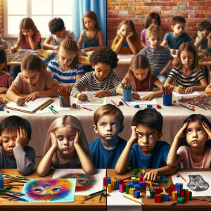 A photography of children sitting in a room, some looking bored while others engage in creative activities like drawing and building with blocks, illustrating the contrast between boredom and creativity.