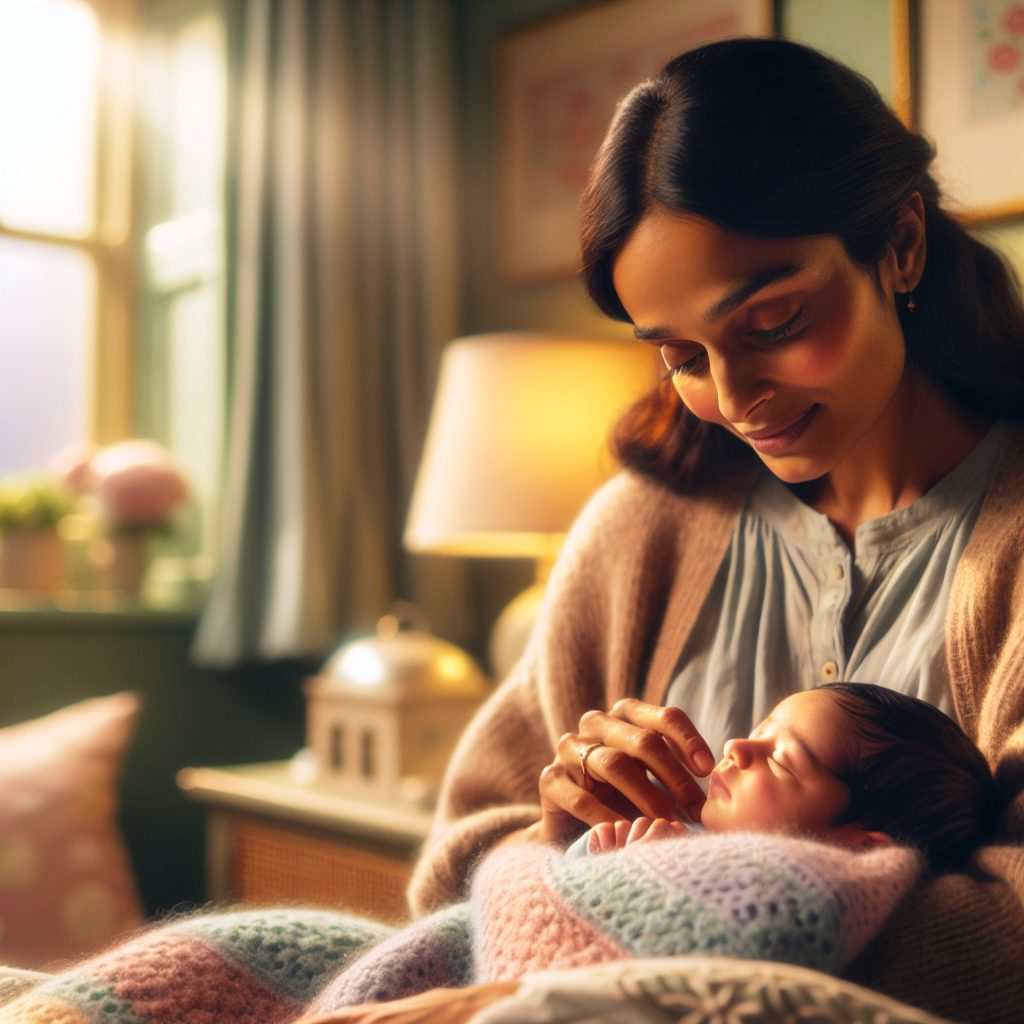 A photography of a caring mother gently holding her newborn baby in a cozy and warm home environment, symbolizing the tender and essential early bonds between parent and child.