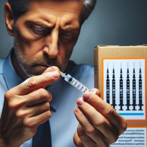 A photography of a concerned parent carefully examining the graduation marks on a pipette of children's Doliprane, with a visible box displaying the affected lot numbers in the background.