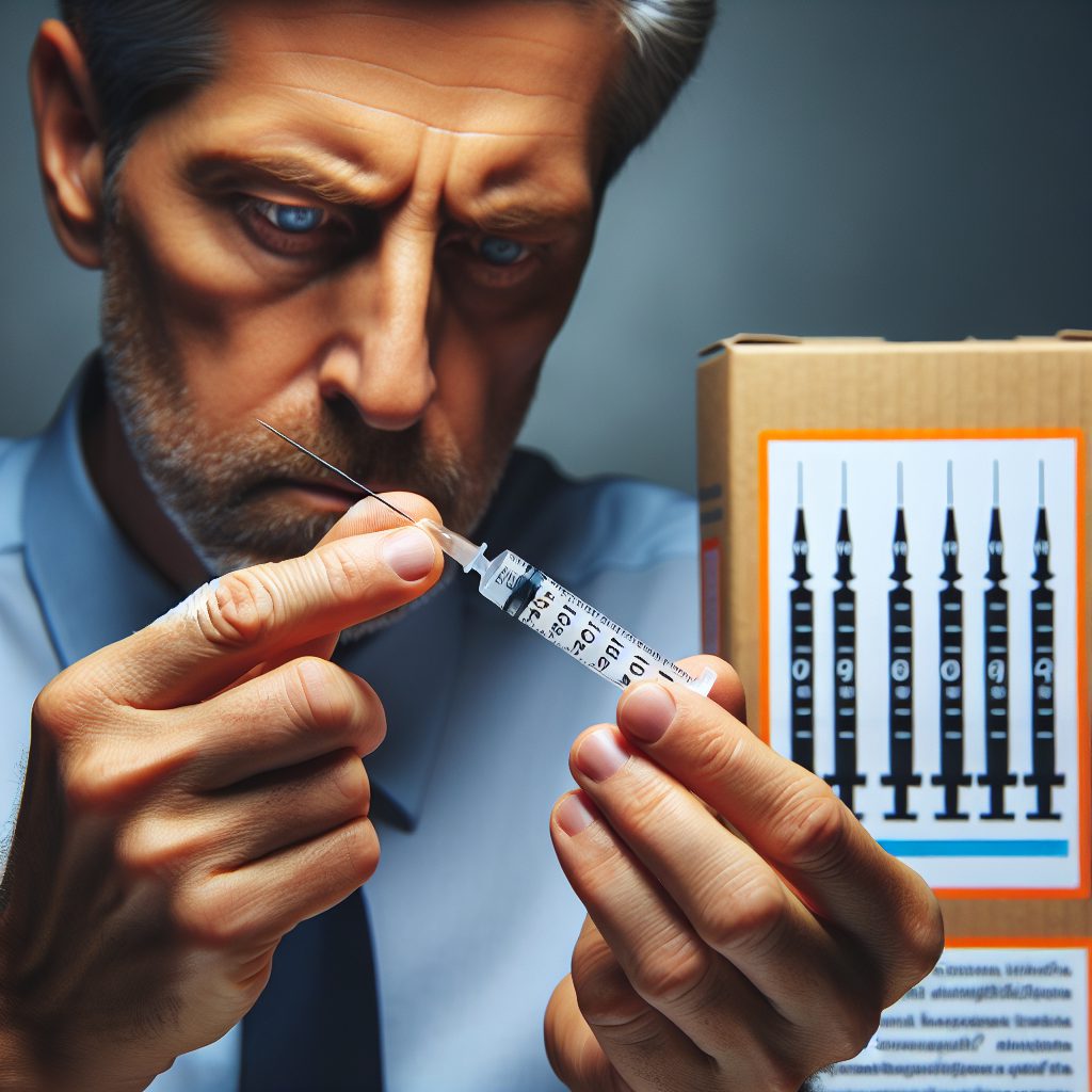 A photography of a concerned parent carefully examining the graduation marks on a pipette of children's Doliprane, with a visible box displaying the affected lot numbers in the background.