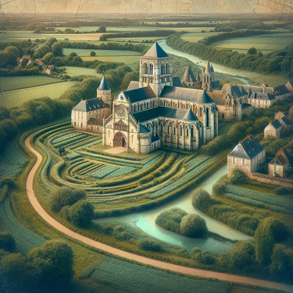 A photography of a French abbey near Poitiers where unauthorized clinical trials were conducted, with a focus on the serene exterior juxtaposed with a sense of hidden controversy.