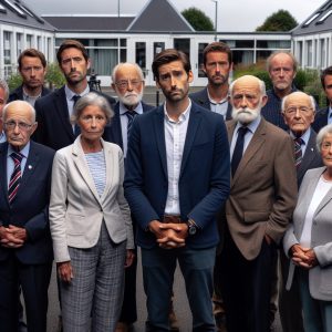 A photography of a group of mayors from Brittany standing together in front of an elderly care facility, displaying expressions of concern and determination.