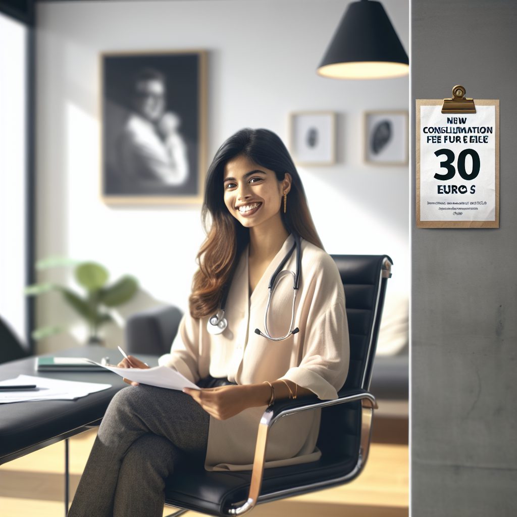 A photography of a general practitioner sitting in a modern doctor's office, smiling as they examine a patient's medical chart, with a background showing a poster that displays the new consultation fee of 30 euros.