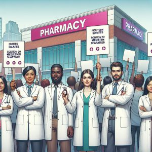 "A photograph of pharmacists protesting in front of a pharmacy with signs demanding better wages, solutions to medication shortages, and improved conditions for pharmaceutical students."