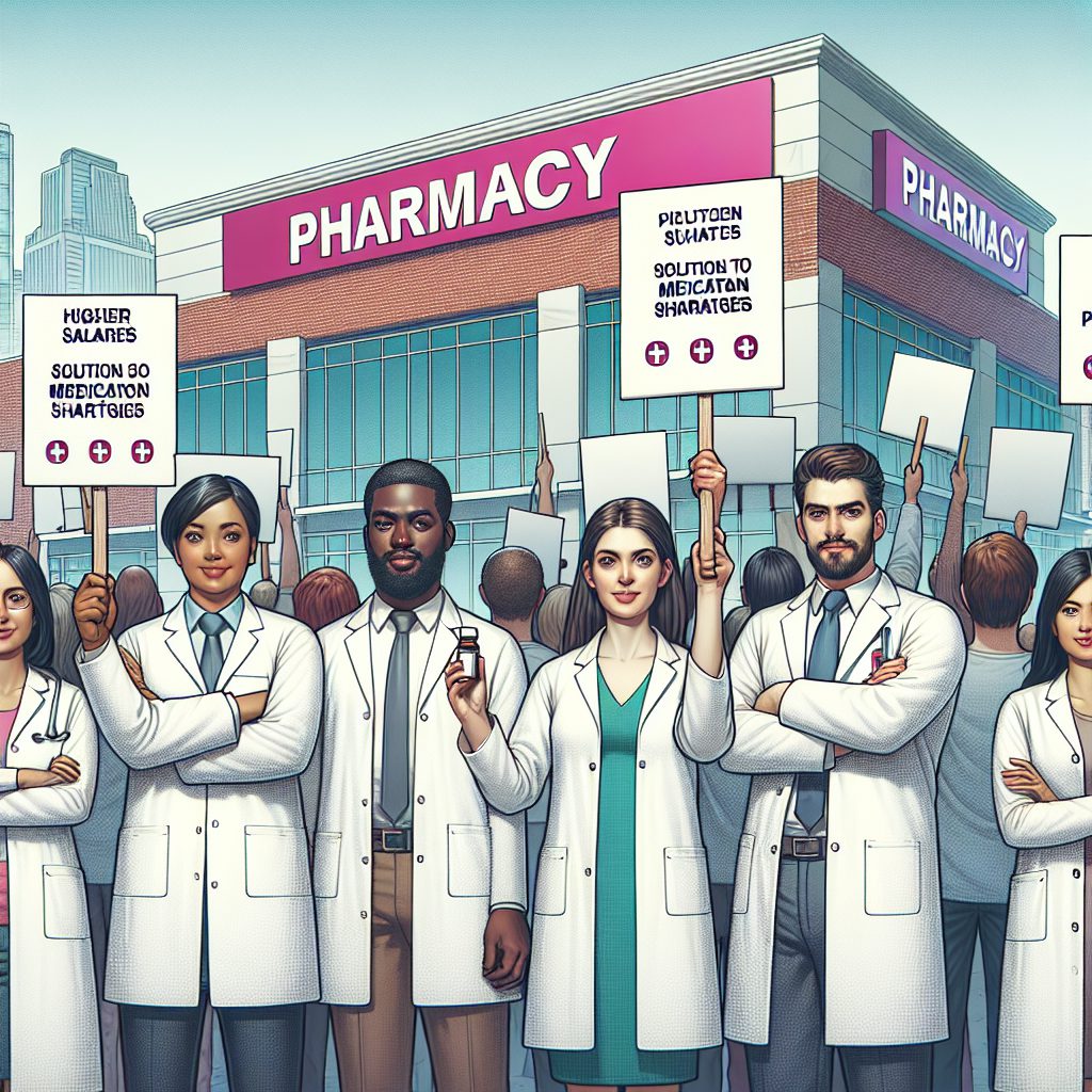"A photograph of pharmacists protesting in front of a pharmacy with signs demanding better wages, solutions to medication shortages, and improved conditions for pharmaceutical students."