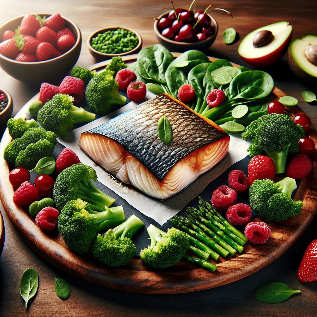 A photography of a well-balanced anti-inflammatory meal featuring green vegetables, fatty fish, and red fruits presented neatly on a modern wooden table.