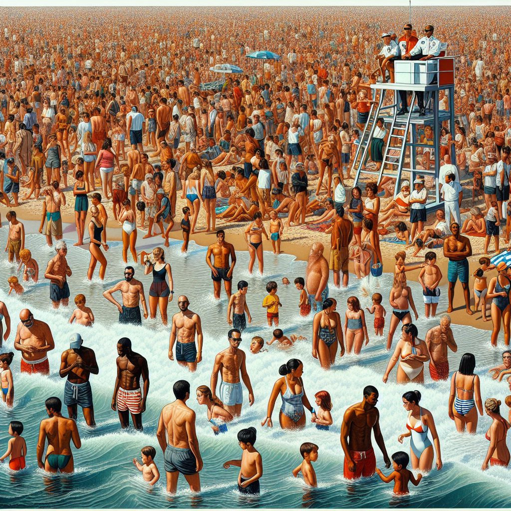 A photography of a crowded beach with lifeguards on duty, highlighting safe swimming zones and families watching their children play near the water.