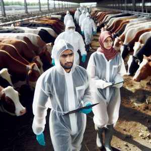 A photography of farmers wearing protective gear while working in a cattle farm during an H5N1 avian flu outbreak.
