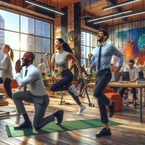 A photography of corporate employees happily engaging in various physical activities, such as yoga, running, and using gym equipment, in a vibrant office setting.