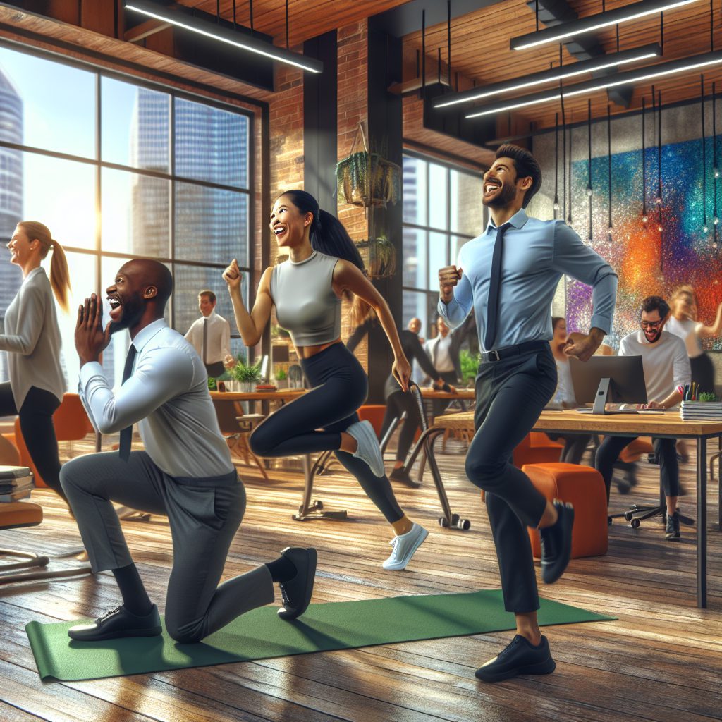 A photography of corporate employees happily engaging in various physical activities, such as yoga, running, and using gym equipment, in a vibrant office setting.