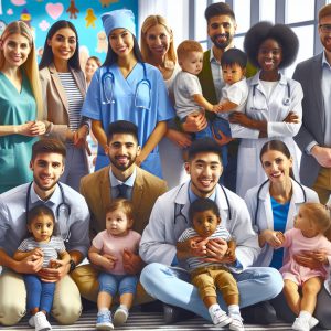 A photograph of dedicated pediatric healthcare professionals smiling and interacting with young children in a brightly lit, cheerful medical clinic setting, representing the new government initiatives for child health.