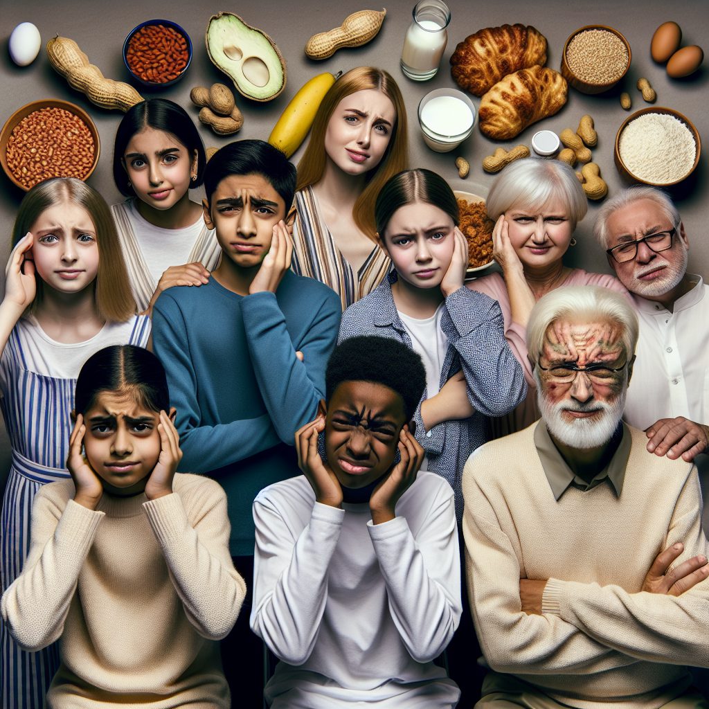 "A photography of a diverse group of children and adults, visibly displaying different allergic reactions, with common allergenic foods like peanuts, eggs, dairy products, and legumes in the background, highlighting the challenges of food allergies in today's society."