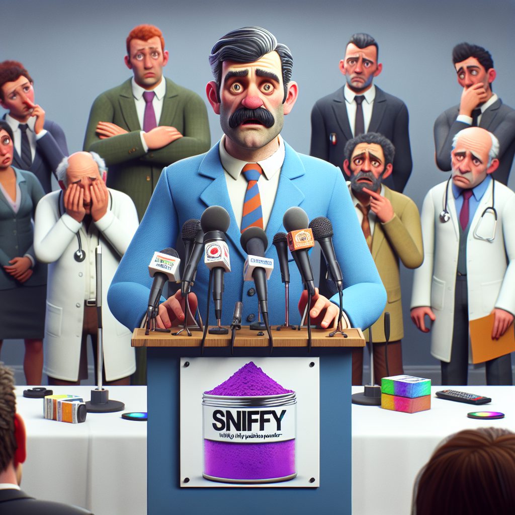 a photography of a concerned Health Minister Frédéric Valletoux holding a press conference, discussing the dangers of a colorful powder marketed as Sniffy with frustrated buralists and health experts in the background.