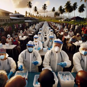 **A photography of healthcare workers in protective gear vaccinating people in a community on a tropical island affected by a cholera outbreak.**