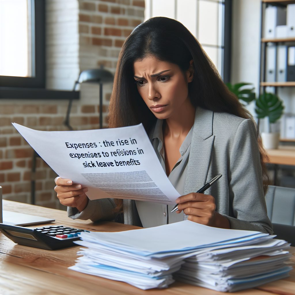 A photography of a concerned business executive in a modern office, examining a report on increased costs due to changes in sickness benefits, with stacks of documents and a calculator on the desk.