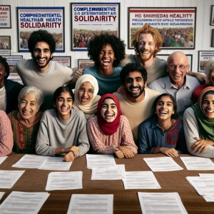 A photograph of a diverse group of modest-income families sitting around a table, smiling and looking at documents, with a background showing posters about the Complementary Health Solidarity (CSS) program.